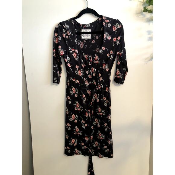 Fat Face Floral Midi Dress Women’s Size 10 Black Pink Print 3/4 Sleeve Scoop - Picture 4 of 15